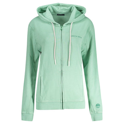 North Sails Green Cotton Women Sweater with hood and zip, featuring logo and pockets, perfect for casual style and comfort.