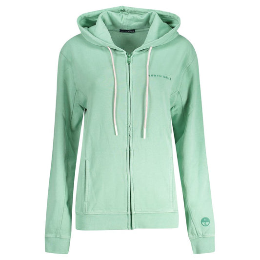 North Sails Green Cotton Women Sweater with hood and zip closure, featuring a bold embossed print and twin central pockets.