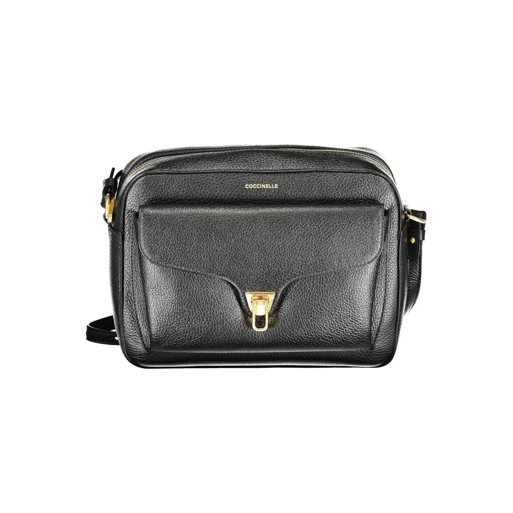 Coccinelle Black Leather Women Handbag with adjustable strap and secure closure, featuring external and internal pockets.
