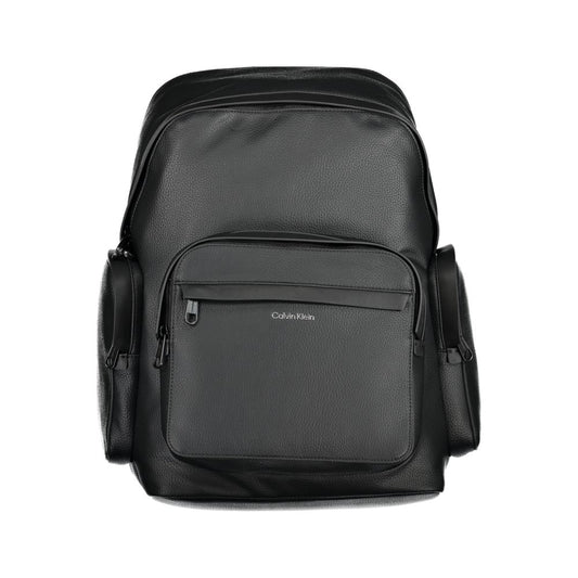 Calvin Klein Black Polyester Backpack with adjustable straps, external pockets, laptop compartment, and logo detailing.