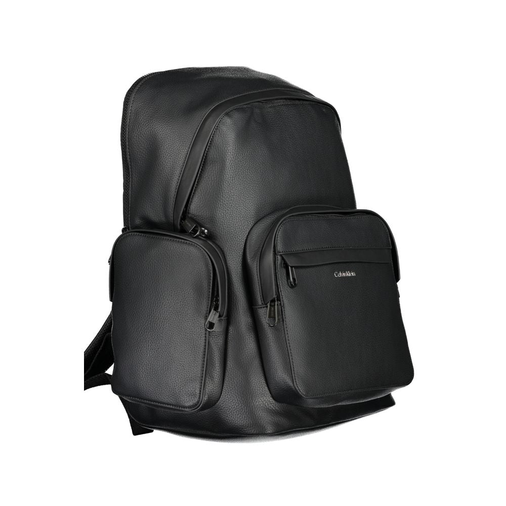 Calvin Klein Black Polyester Backpack with adjustable straps, multiple pockets, laptop holder, and logo.