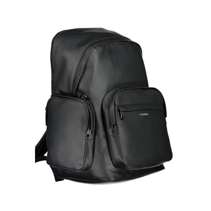 Calvin Klein Black Polyester Backpack with adjustable straps, multiple pockets, laptop holder, and logo.