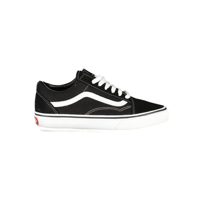 Vans Black Leather Men Sneaker with iconic white stripe design on side, featuring durable leather and polyester blend.