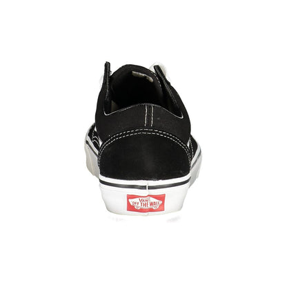 Rear view of Vans Black Leather Men Sneaker showcasing the iconic Off The Wall branding and durable construction.