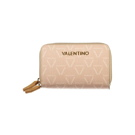 Mario Valentino Beige Polyethylene Women Wallet with logo zip closure and multiple compartments for a chic and functional style.