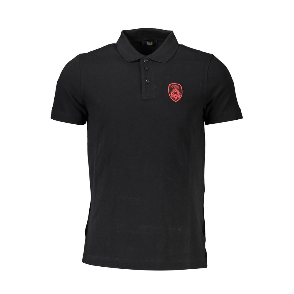 Cavalli Class Black Cotton Men Polo Shirt with embroidery logo and 3-button placket, short sleeve, regular fit, sophisticated black color