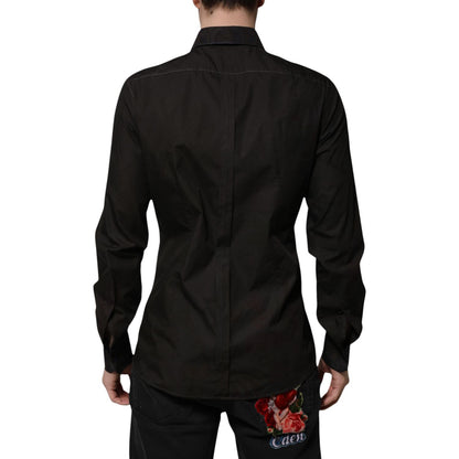Dolce & Gabbana Black Cotton Jacquard GOLD Collar Dress Shirt