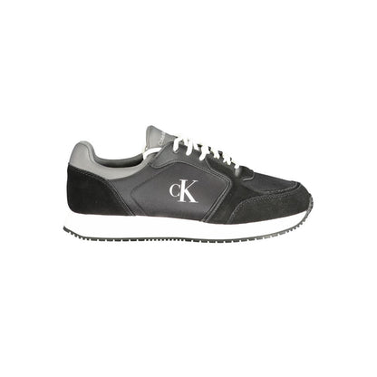 Calvin Klein Black Leather Men Sneaker with logo, black and grey design, stylish and comfortable sports shoes for modern men.