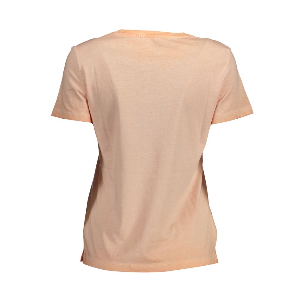 Back view of Guess Jeans Pink Cotton Women T-Shirt, showcasing its simple elegance and perfect for casual or trendy occasions.