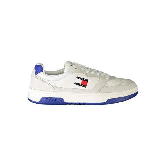 Tommy Hilfiger White Leather Men Sneaker with blue accents and logo detail, showcasing stylish design and comfort for trendsetters.