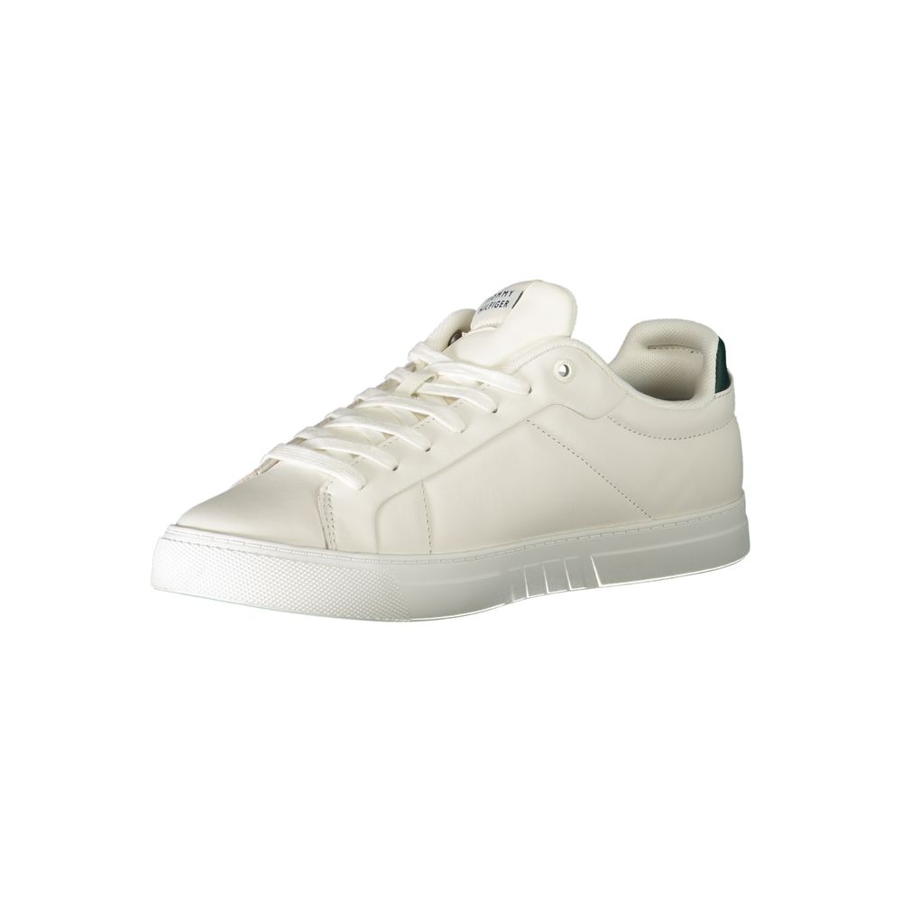 Tommy Hilfiger White Leather Men Sneaker with green accents and logo, blending comfort and bold style, crafted from leather and polyester.