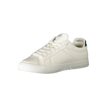 Tommy Hilfiger White Leather Men Sneaker with green accents and logo, blending comfort and bold style, crafted from leather and polyester.