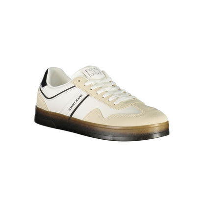 Tommy Hilfiger White Leather Men Sneaker with a modern design showcasing black accents and comfortable removable footbeds.