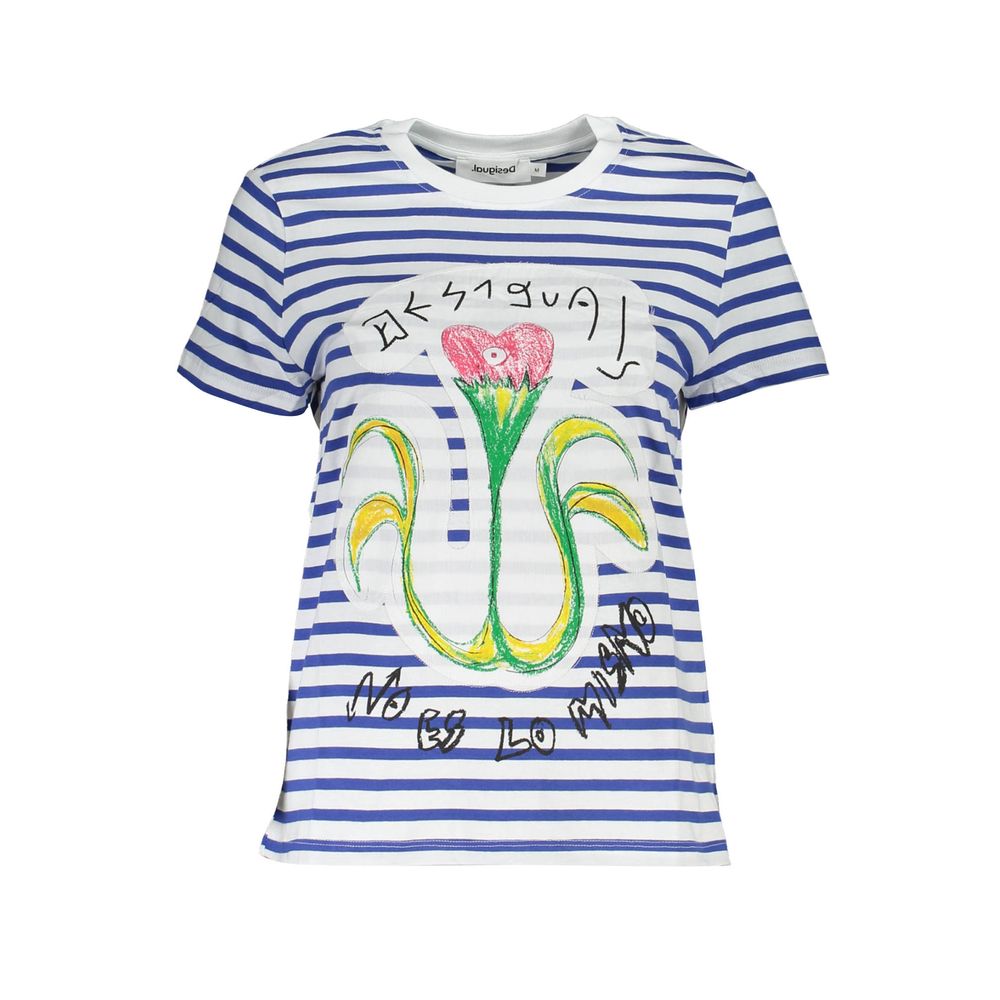 Desigual Blue Cotton Women T-Shirt with bold print and contrasting details for a vibrant and authentic look.