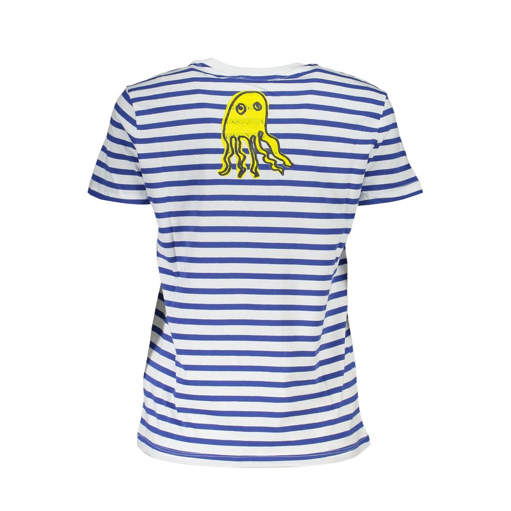 Desigual Blue Cotton Women T-Shirt with stripes and yellow jellyfish design on back
