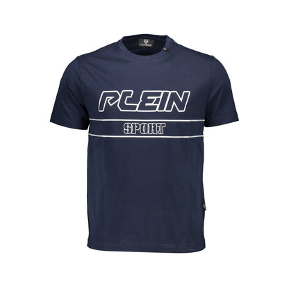 Plein Sport Blue Cotton Men T-Shirt with logo print and crew neck, showcasing high-fashion athleticism and style.