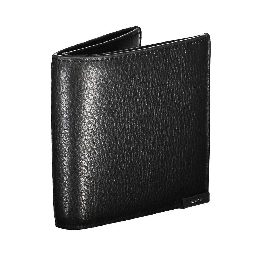 Calvin Klein Black Leather Men Wallet with RFID block, sleek design, and spacious compartments.
