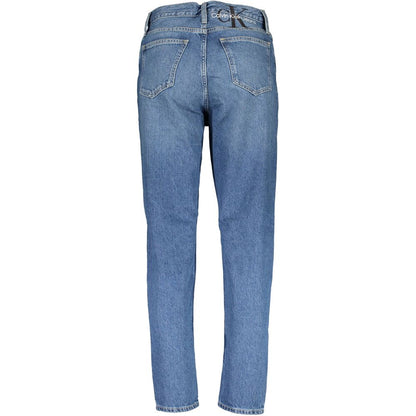 Calvin Klein Blue Cotton Women Jeans with embroidery, high-waist design, faded effect, 5-pocket style, and sustainable cotton.