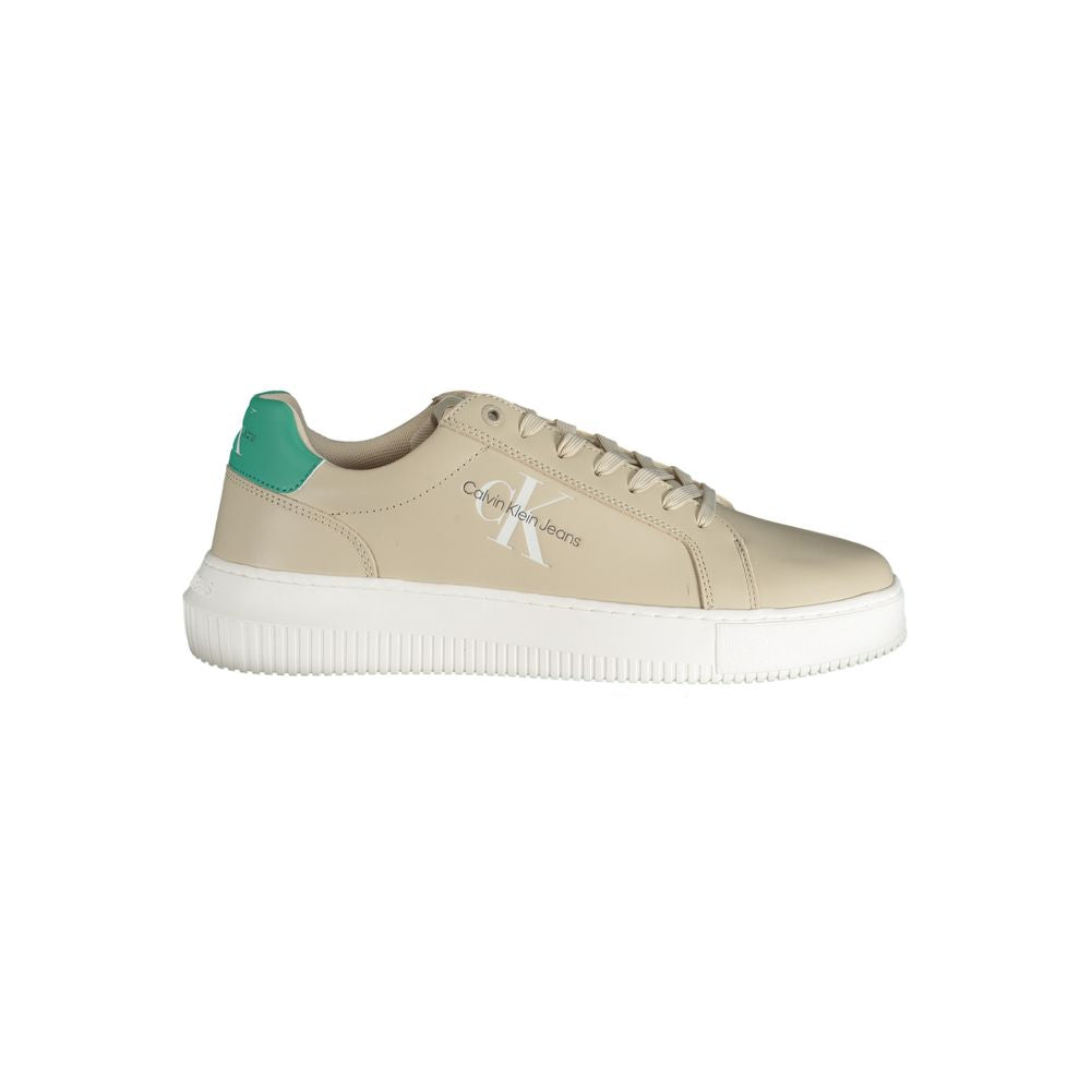 Calvin Klein Beige Polyester Sneaker with laces, logo, recycled material, and contrast details.