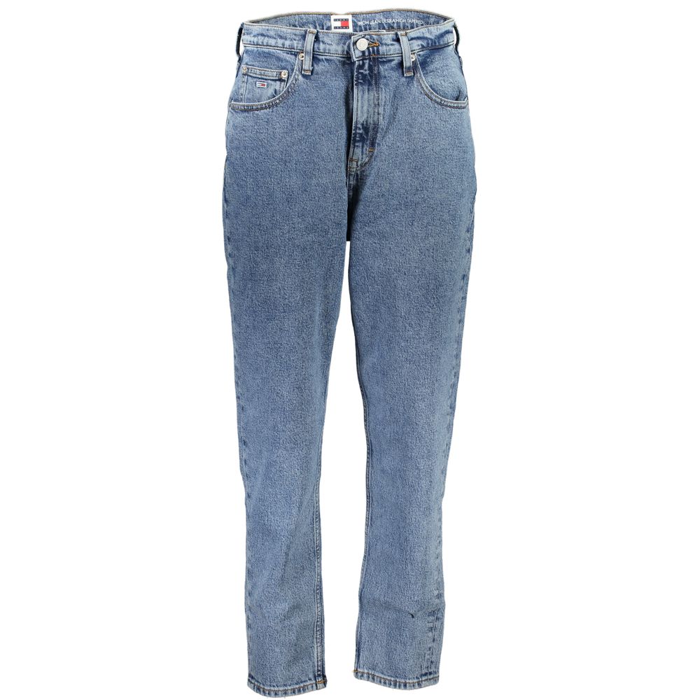 Tommy Hilfiger Blue Cotton Women Jeans with ultra high waist and tapered leg showcasing expert embroidery and comfort stretch.