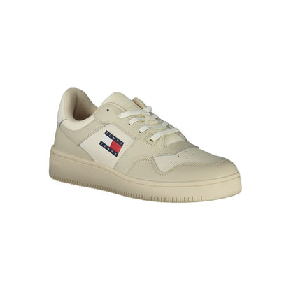 Tommy Hilfiger Beige Leather Men Sneaker with iconic logo, featuring contrasting details and removable insole for personalized comfort.
