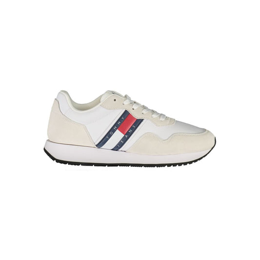 Tommy Hilfiger White Leather Men Sneaker with iconic logo and contrasting details, crafted for style and comfort.