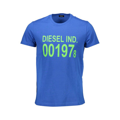 Diesel Blue Cotton Men T-Shirt with bold logo and print, short sleeve crew neck, urban fashion and comfort, perfect for modern streetwear.