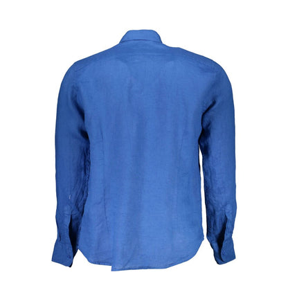 La Martina Blue Linen Men Shirt back view with long sleeves and French collar.