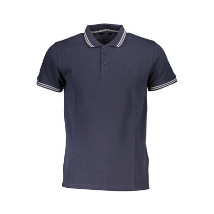 Cavalli Class Blue Cotton Men Polo Shirt featuring smart buttons and iconic embroidery, offering Italian sophistication and comfort.