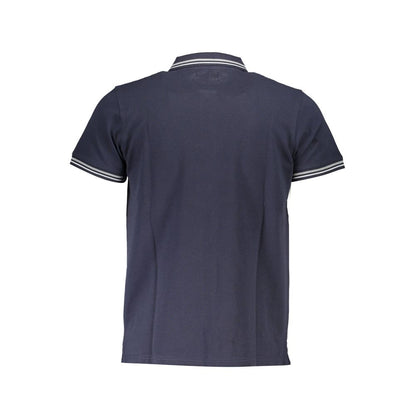 Cavalli Class Blue Cotton Men Polo Shirt back view with short sleeves and contrasting stripe details on collar and cuffs.