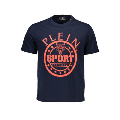 Plein Sport Blue Cotton Men T-Shirt with bold logo print, perfect for modern trendsetters seeking style and quality in casual fashion.