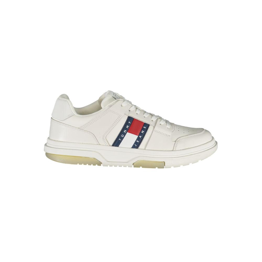 Tommy Hilfiger White Polyethylene Men Sneaker with logo and contrast details, offering style and comfort for fashion enthusiasts