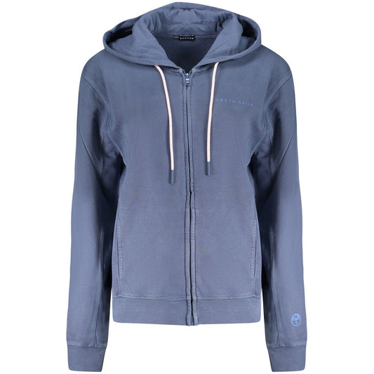 North Sails Blue Cotton Women Sweater with hood and zip closure, featuring embossed print and logo, perfect for casual wear.