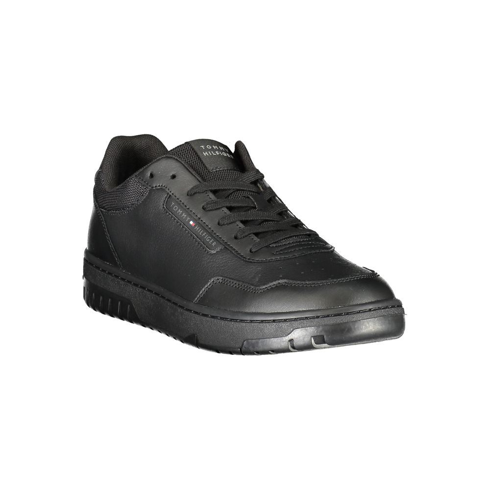 Tommy Hilfiger Black Leather Men Sneaker with bold print and logo, showcasing removable footbed for comfort and urban chic style.