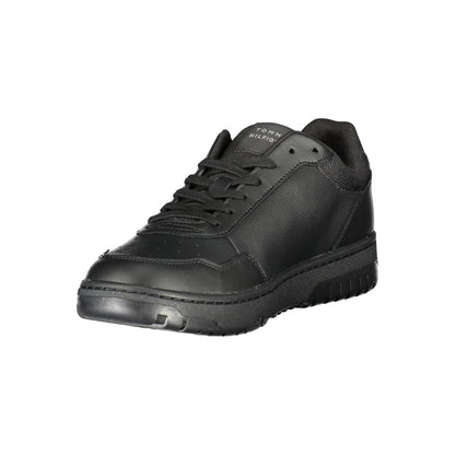 Tommy Hilfiger Black Leather Men Sneaker with sleek design and iconic logo, featuring a removable footbed for comfort and style.
