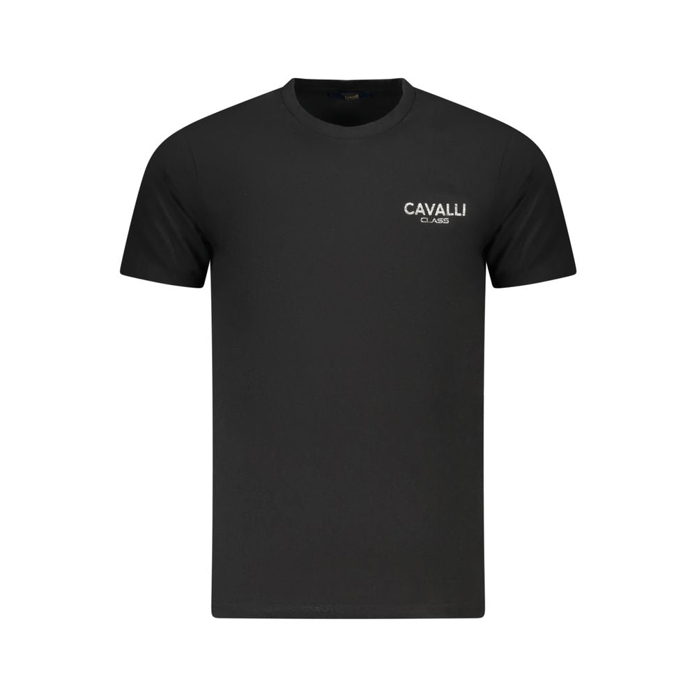 Cavalli Class Black Cotton Men T-Shirt showcasing elegance and style, featuring a sleek design and logo print for modern men.