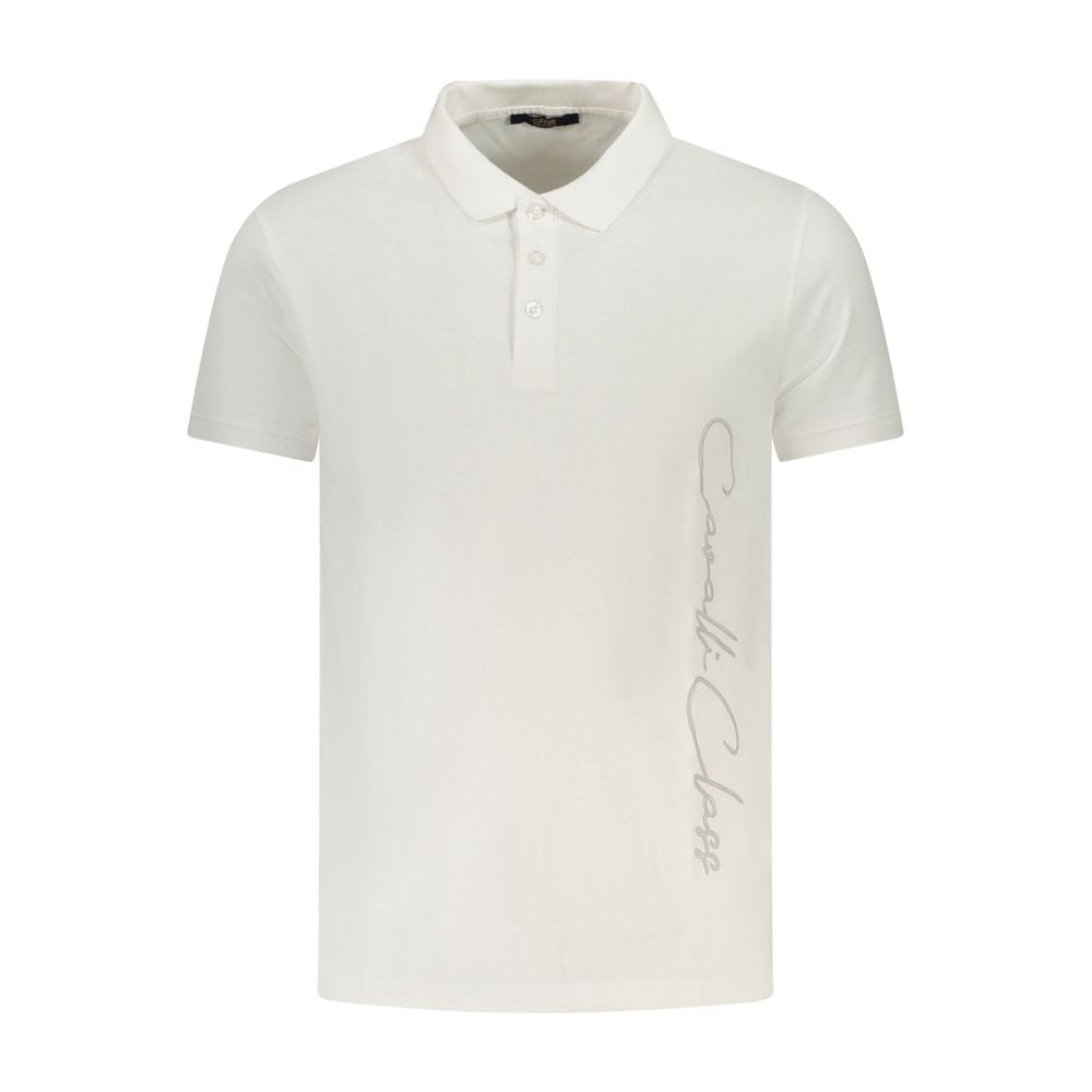 Cavalli Class White Cotton Men Polo Shirt featuring short sleeves and signature print, ideal for a sophisticated, modern look.