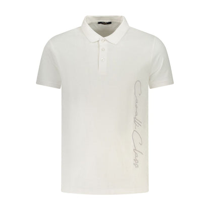 Cavalli Class White Cotton Men Polo Shirt featuring short sleeves and signature print, ideal for a sophisticated, modern look.