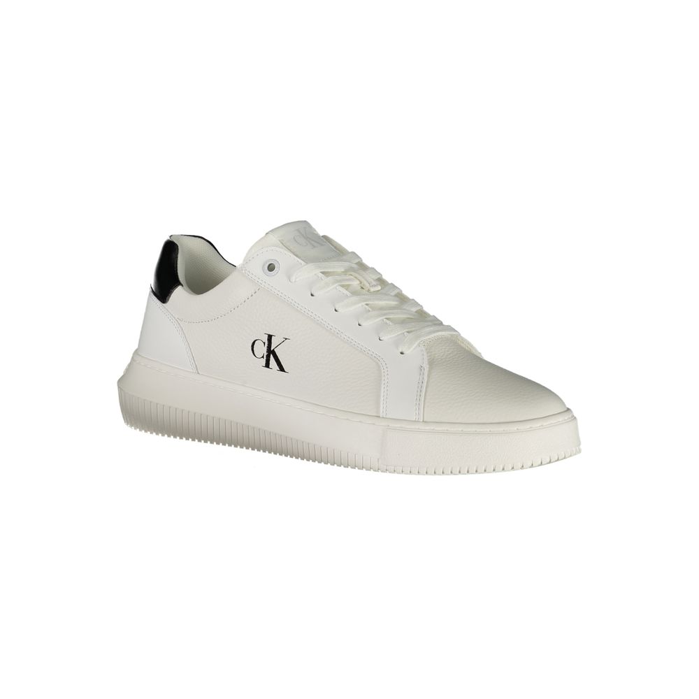 Calvin Klein White Leather Men Sneaker with CK logo, stylish design, and comfortable footbed.