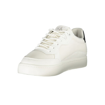 Calvin Klein White Polyester Men Sneaker with black accents and iconic CK logo, featuring a sleek design and removable footbed for comfort.