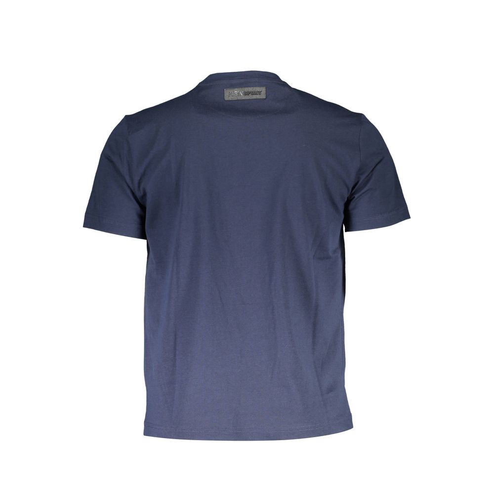 Back view of Plein Sport Blue Cotton Men T-Shirt in navy with logo detail, ideal for casual wear and gym sessions.