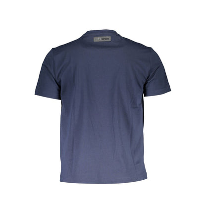 Back view of Plein Sport Blue Cotton Men T-Shirt in navy with logo detail, ideal for casual wear and gym sessions.