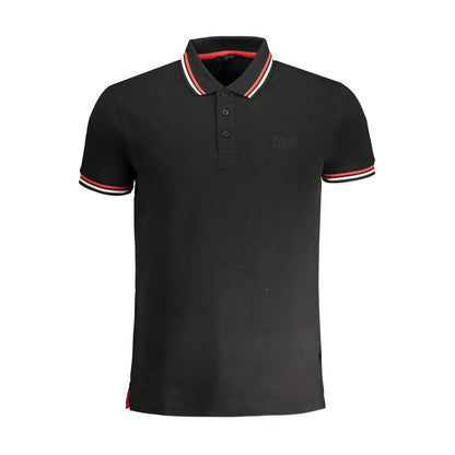 Cavalli Class Black Cotton Polo Shirt with short sleeves, 3 buttons, contrast details, embroidery, and logo.