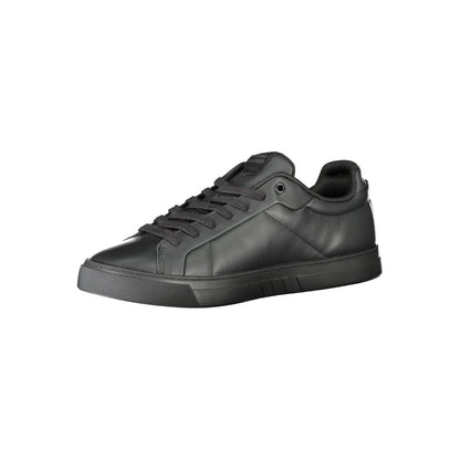 Tommy Hilfiger Black Leather Men Sneaker with contrasting details, lace-up design, and iconic logo, offering style and comfort.