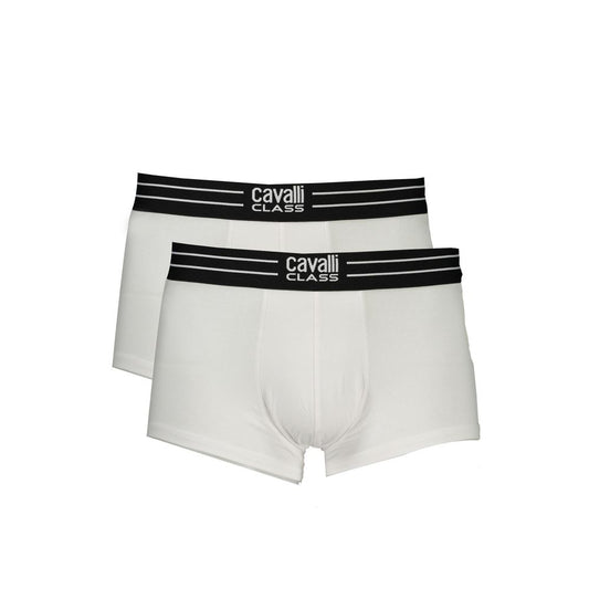 Cavalli Class White Cotton Men Boxer featuring elastic waistband and sleek logo for modern stylish comfort