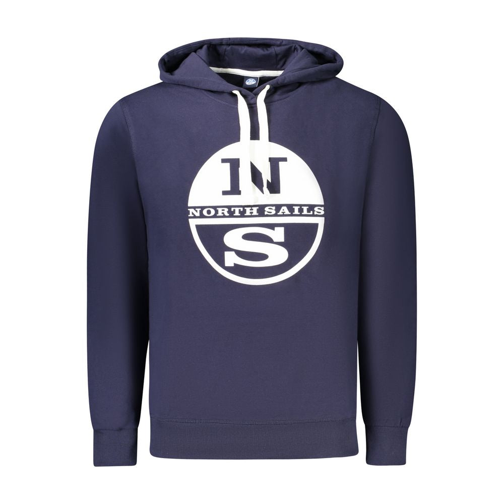 North Sails Blue Cotton Men Sweater with logo print, long sleeve, and hood, designed for comfort and style in breathable cotton fabric.