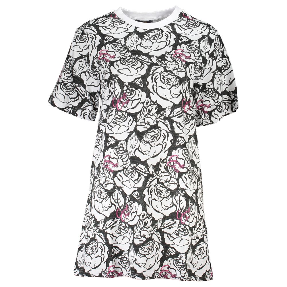 Cavalli Class White Cotton Women Dress with bold floral print, short sleeves, and round neckline. Luxurious designer fashion piece.