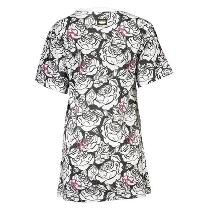 Cavalli Class White Cotton Women Dress with bold floral print and logo, showcasing short sleeves and round neckline for chic elegance.