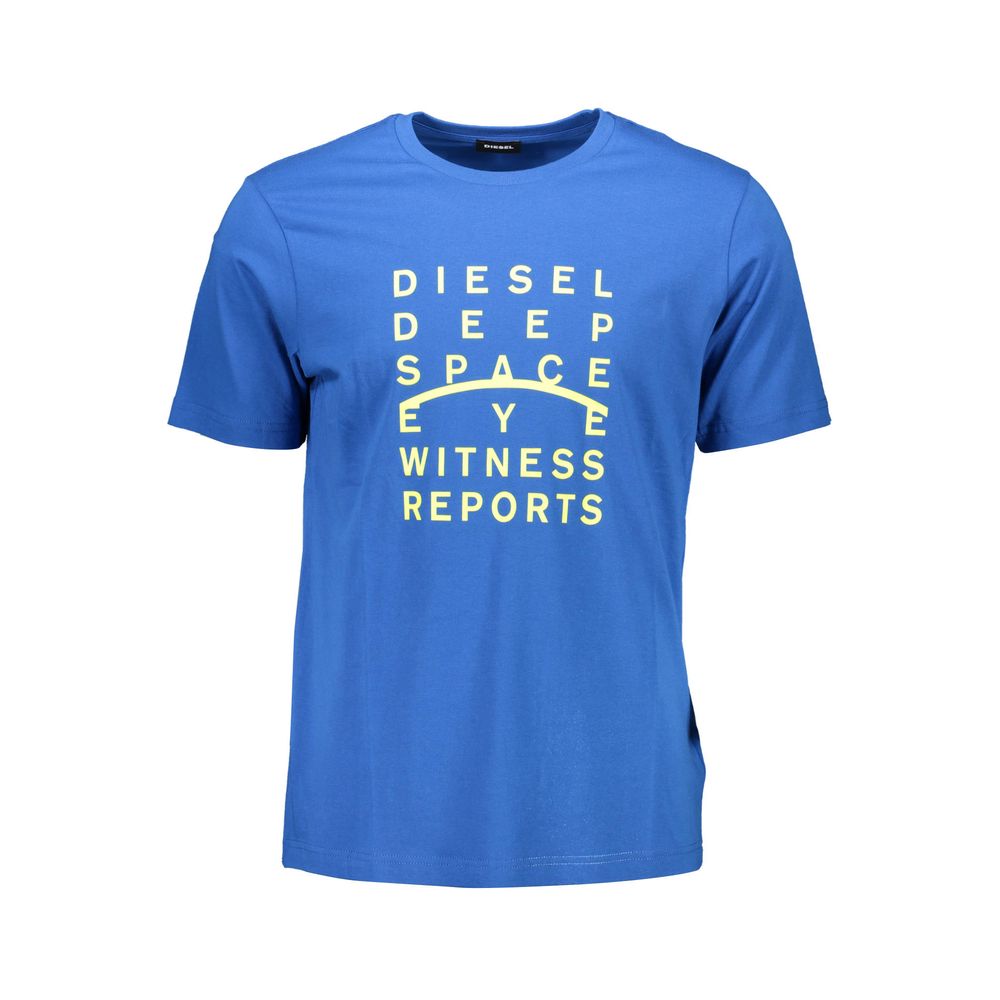Diesel Blue Cotton Men T-Shirt with bold print and logo, short sleeve crew neck, made from fine cotton for style and comfort.
