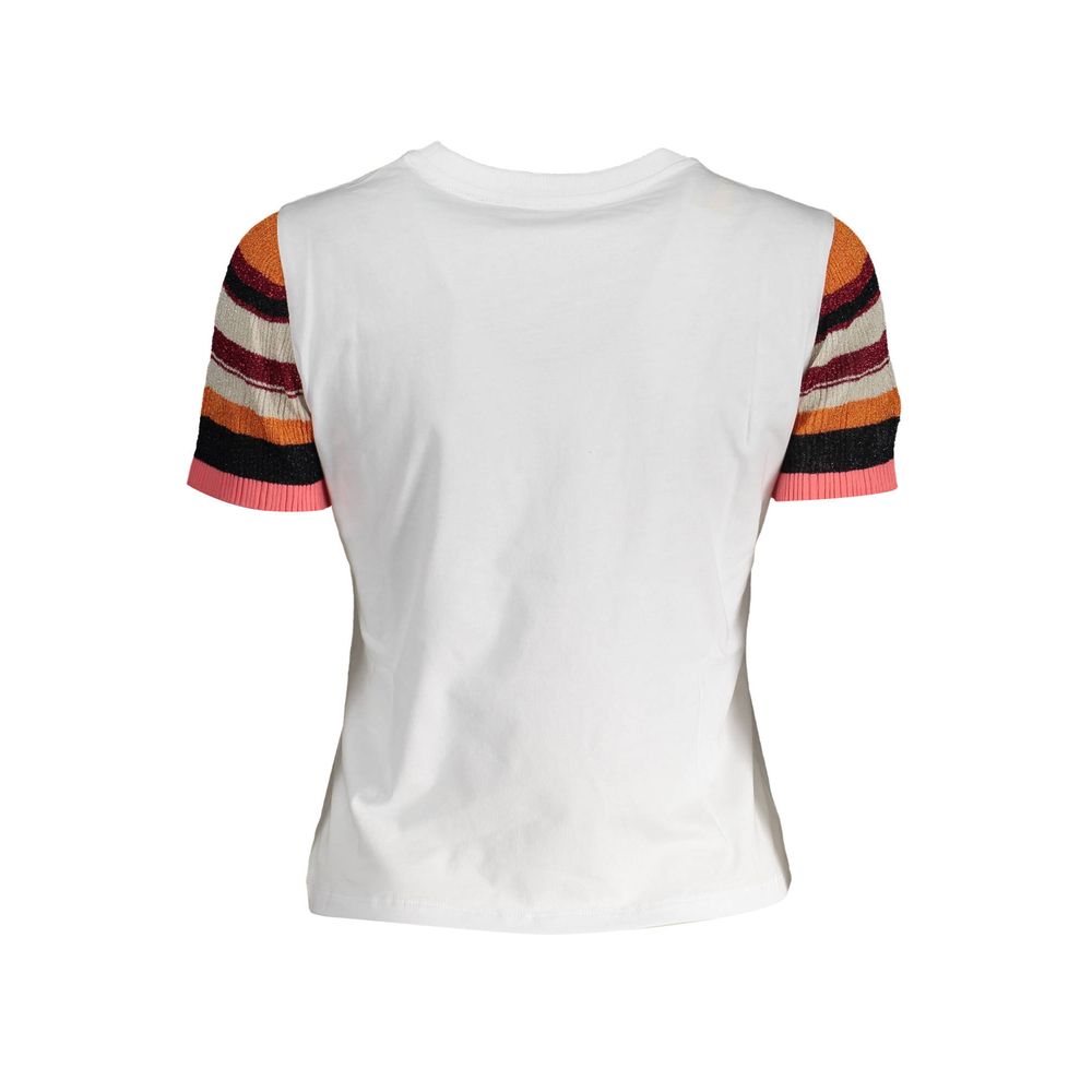 Back view of Desigual White Cotton Women T-Shirt with colorful sleeves, showcasing the brand's unique and vibrant design.